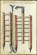 Zwei Sturmleitern auf Fol. 27v in Konrad Kyesers Bellifortis-Handschrift Ms. Thott. 290.2º von 1459