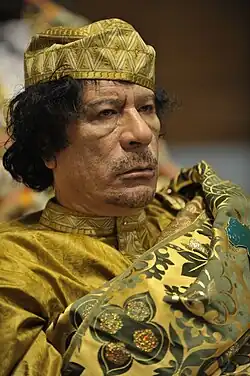 Der libysche Machthaber Muammar al-Gaddafi beim 12. Gipfel der Afrikanischen Union, Februar 2009 in Addis Abeba. Er wurde 2011 von der Bevölkerung mit Nato-Luftunterstützung gestürzt.