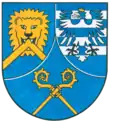Wappen der Abtei Münsterschwarzach mit zwei Krummstäben als Hinweis auf die beiden Klöster, aus denen Münsterschwarzach hervorgegangen ist.