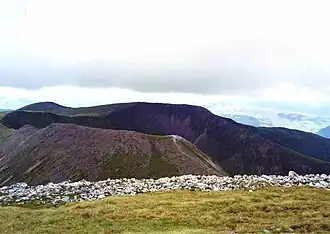 Blick vom Stob Bàn nach Westen über den Grat des Mullach nan Coirean, der höchste Punkt etwa in Bildmitte, links der 910&nbsp;Meter hohe Vorgipfel Meall a’ Chaorainn