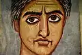 Sichtbare Pinselspur. Mumienporträt einer Frau aus Fayum (heute Hawara) / Ägypten.