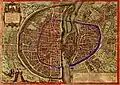 Paris-Karte von Sebastian Münster von 1572. In blau der Verlauf der Stadtmauer Philipps II.