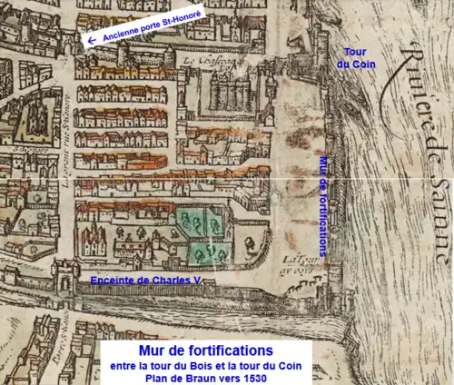 Wehrmauer von der Tour du Bois bis zur Tour du Coin auf dem Plan Braun um 1530 vor der Öffnung der Porte Neuve.