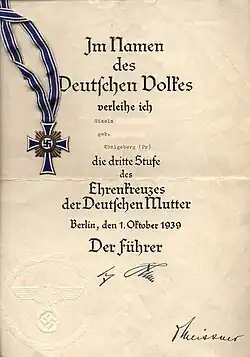 Mutterkreuz der 3. Stufe in Bronze mit dazugehöriger Verleihungsurkunde