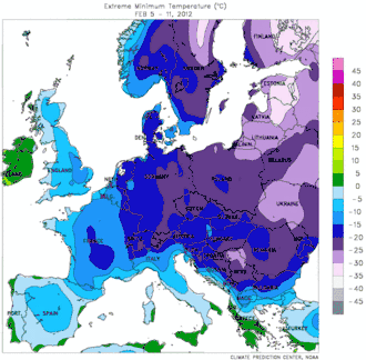 Tiefsttemperatur Europa, 5.–11. Februar (lila < –20 °C)