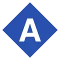 Viereckiges Liniensignet mit dem weißen Buchstaben A in blau gefüllter Raute vor neutralem Hintergrund.links