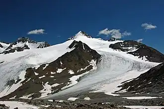 Niederjochferner von Nordwesten, in Bildmitte der Similaun und vor diesem eine den Gletscher teilende, 3261 m hohe, namenlose Erhebung (2005)