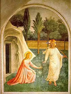 Gotik: Fra Angelico: Noli me tangere, 1438. Fra Angelico stellt die Gegenstände in ihrer Gegenstandsfarbe dar mit Hell-Dunkel-Schattierungen.
