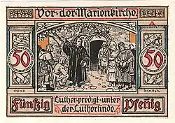 Scheinrückseite A: „Vor der Marienkirche – Luther predigt unter der Lutherlinde“