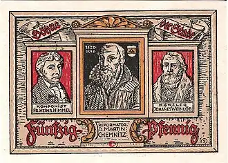 Scheinrückseite C: Abbildungen von Söhnen der Stadt: Komponist Friedrich Heinrich Himmel (links) Reformator Martin Chemnitz (Mitte) Kanzler Johannes Weinlob (rechts)