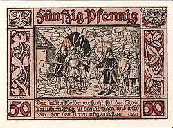 Scheinrückseite E: „Der falsche Waldemar sucht sich der Stadt Treuenbrietzen zu bemächtigen, und wird vor den Toren abgewiesen.“