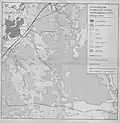 Flächennutzung 1979. Ortschaften und Höfe, die innerhalb des Platzes lagen, sind zu Wüstungen geworden. Durch Aufforstungen haben die Waldflächen zugenommen. Teile des früheren Ackerlandes und der Wiesen werden als Grünland erhalten.[7]