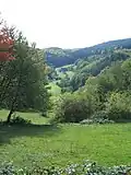 Südlich des Weschnitzdurchbruchs schnitt sich der Brombach in den Zwischenzone-Tromm-Granit-Berghang zwischen Eselstein (links) und Erzberg (rechts) ein.