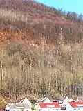 Brunnenstein oberhalb des Zeppelinwegs. Vier­zig Meter unterhalb des Felsens be­findet sich die Brunnen­quelle.