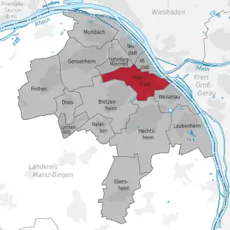 Lage des Stadtteils Mainz-Oberstadt (anklickbare Karte)