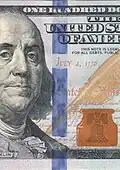 Fenster-Sicherheitsfaden der 100 US-Dollar-Banknote (Serie 2009) mit Motion