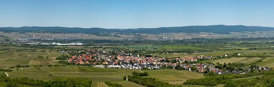 Blick vom Aussichtspunkt am Friedenskreuz auf dem Jakobsberg auf Ockenheim