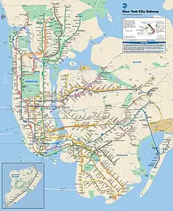 Offizieller Netzplan der New York City Subway mit pseudotopografischer Darstellung mit vergrößerter Darstellung von Manhattan (2013)