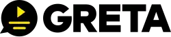 Der Schriftzug Greta in Großbuchstaben. Links daneben das Logo: Eine Sprechblase, darin ein Play Button sowie zwei Linien.