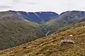 Blick vom Südgrat des Càrn Liath nach Westen in das Coire Adair, links die Nordostwand des Creag Meagaidh, rechts von der als the Window bezeichneten Scharte der Stob Poite Coire Ardair