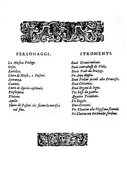 Claudio Monteverdi – L’Orfeo – Liste der Rollen und Instrumente, Venedig 1609
