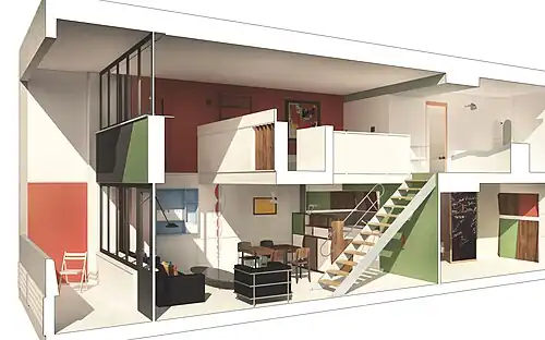 Vorgesehene Gestaltung der Maisonnette-Wohnungen mit Küche von Charlotte Perriand und Treppe von Jean Prouvé, die nicht umgesetzt wurde. Visualisierung von Philipp Mohr