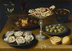 Osias Beert Stillleben mit Austern, ca. 1610, Öl auf Kupfer, 46,6 × 66&nbsp;cm, Staatsgalerie, Stuttgart