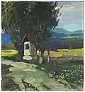 Marterl am Wegesrand, signiert: Mulley Oskar, Öl auf Papier auf Karton, ca. 30 × 27 cm