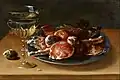 Ossias Beert: Stillleben mit einem Weinglas à la façon de Venise sowie einem Zinnteller mit kandierten Früchten