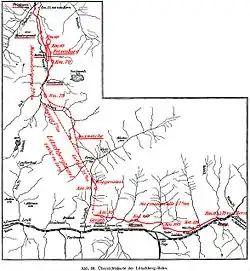 Outline map of the Lötschbergbahn between Spiez and Brig in Switzerland, showing the part from Frutigen to Brig. Note the double loop completed with a 270 degree spiral tunnel between Kandergrund and Felsenburg (ca. km&nbsp;60 and 70) and the straight stretch of the Lötschberg tunnel between km 75 and 90.