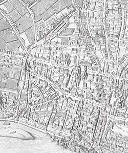Oversburg 1571, Mittelalterliche Stadtviertel am Bach (Mercatorplan).