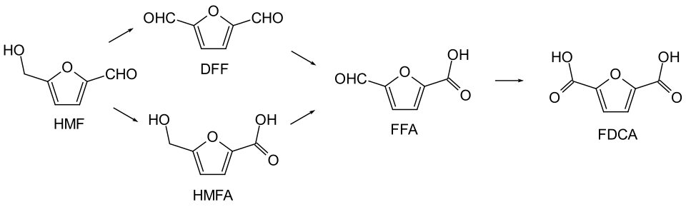 Oxidationsrouten von HMF zu FDCA[15]
