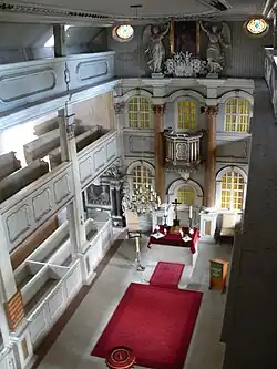 Kirchenschiff St. Jakobus Rottmersleben. Hinten links neben d. Gestühl d. Epitaph.
