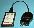 10 Mbit/s PCMCIA-Ethernet-Netzwerkkarte mit RJ45-Buchse und RG58-Buchse
