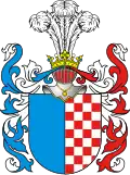 Wappen derer von Spiczak Brzeziński: gespalten, vorn Blau, hinten von Rot und Silber in fünf Reihen geschacht.