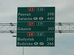 Beschilderung der S2/S7/S8 in Fahrtrichtung Knoten Konotopa