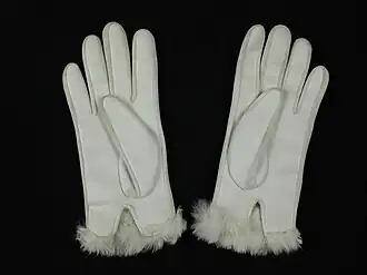 Damenhandschuhe aus Skai mit Synthetikjersey und weißem Kaninfellbesatz, nur am Eingriff