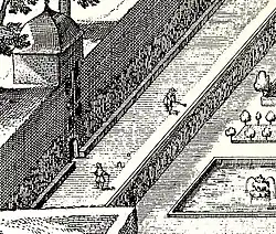 Zwei Personen beim Pall-Mall-Spiel, Ausschnitt aus einem Kupferstich von Matthäus Merian, 1620