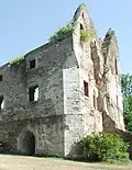Palas mit gotischem Torbogen, gut sichtbar die mächtigen Eckmauern
