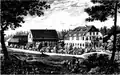 Herrenhaus (rechts) und Wirtschaftsgebäude sowie Familienmitglieder im Killisch von Horn-Park in Pankow, um 1865