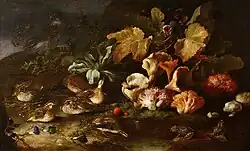 Paolo Porpora Sottobosco mit Pilzen, Feigen, Wachteln, Fröschen und einem Adler, 1652–56, Öl auf Leinwand, 87 × 119 cm, Puschkin-Museum, Moskau