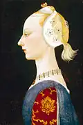 Eine junge Dame der Mode wird dem florentinischen Maler und Mathematiker Paolo Uccello zugeschrieben und ist auf die frühen 1460er datiert. Die junge Dame hat ihren Haaransatz gezupft, um die Länge und daher auch die Eleganz ihrer Stirn zu verstärken. Eine Haarlocke fällt hinten in einem Pferdeschwanz herab. Eine eng angelegte Haube bedeckt ihre Ohren, was wahrscheinlich auf die Vorstellung zurückzuführen ist, dass die Jungfrau Maria über ihr Ohr schwanger wurde.[37]
