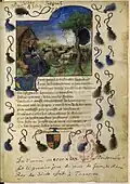 Randverzierung aus blauen und schwarzen Bommeln, Abzeichen von Louis de Luxembourg-Saint-Pol, dem die Handschrift Pas de la bergère de Tarascon gewidmet ist, BNF, Fr1974, f.1.