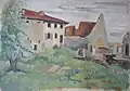 Paul Nicolaus: Kriegszerstörte Häuser im Dorf Ihn bei Wallerfangen, 1941, Aquarell, 42 × 59 cm, Privatbesitz.