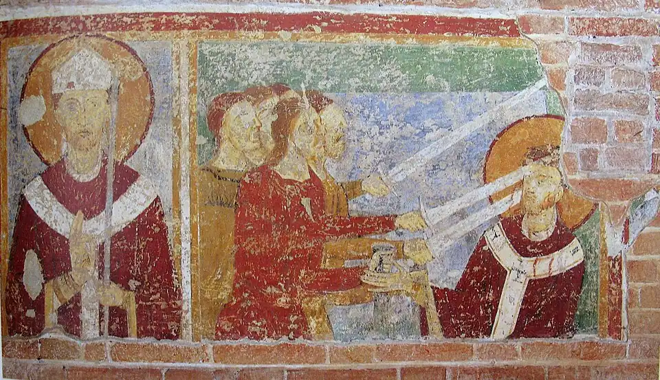 Fresko mit der Ermordung von Thomas Becket, zweite Hälfte des 13. Jahrhunderts.