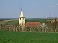 Das Dorf hinter einem Weinberg