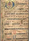 Chorbuchblatt (Pergament, 14.&nbsp;Jh.), eingebunden eine Handschrift von Friederich Martens (17.&nbsp;Jh.)