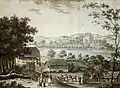 Lithografie von Petersbrunn um 1810/12. Links die Kapelle, rechts das Badehaus und im Hintergrund Schloss Leutstetten.