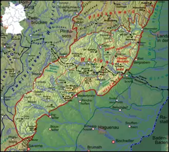 Lage des Wasgaus (aufgehellt) im Südteil des Naturraums Pfälzerwald
