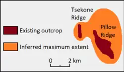 Diagramm mit der Lage von Gesteinsaufschlüssen und der geschätzten maximalen Ausdehnung einer geologischen Formation
